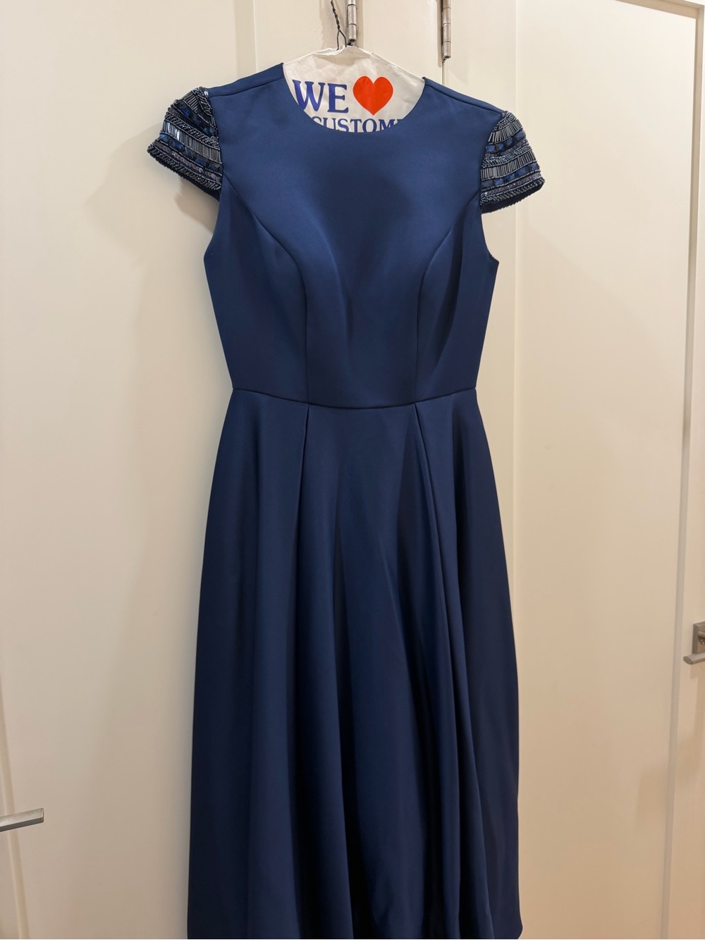 Mac Duggal Navy Beaded Cap-Sleeve Midi Dress